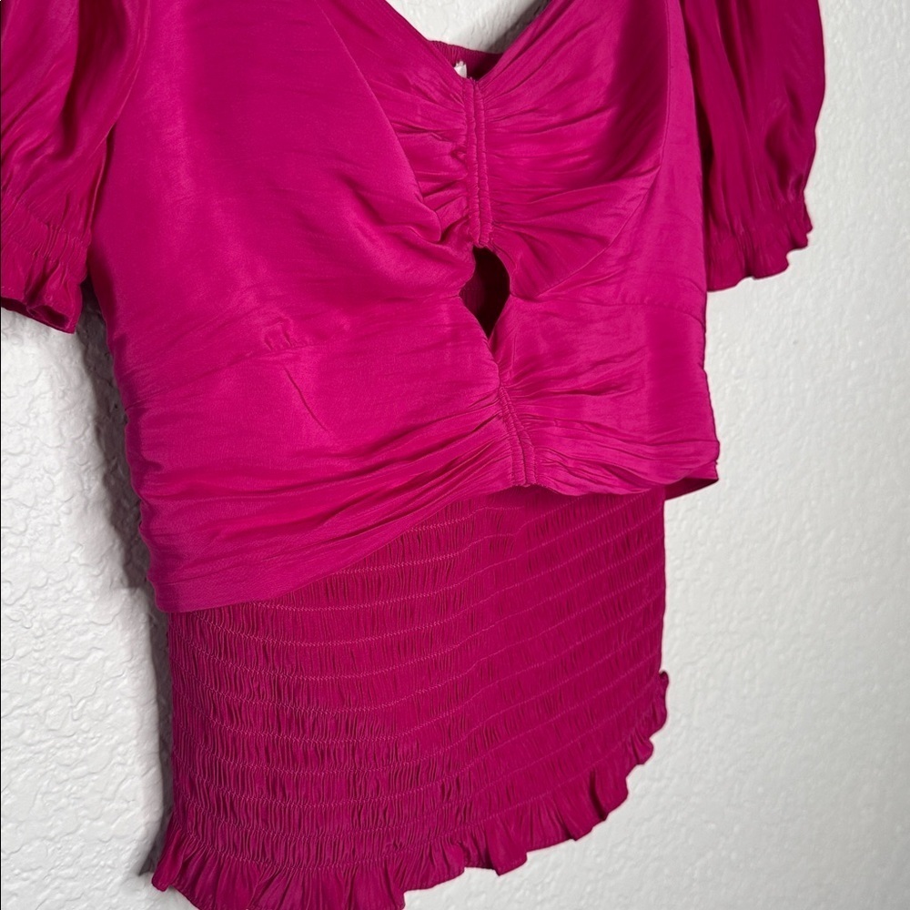 Ramy Brook Pink Satin Cut Out Smocked Top Feminine Glam Party Festival Coquette - Picture 4 of 8